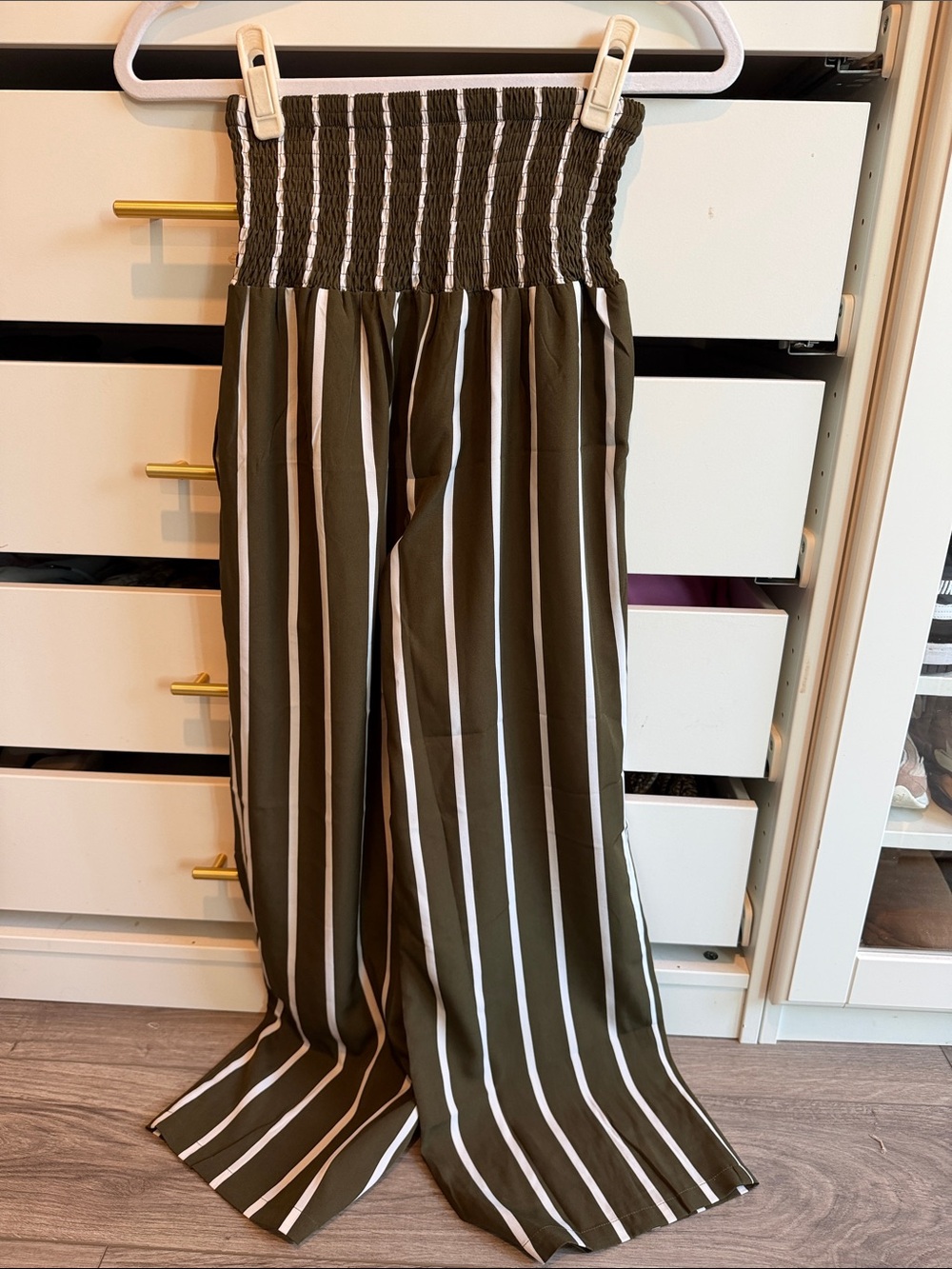 Women's Olive Green Wide-Leg Smocked Waist Striped Jumpsuit Pants